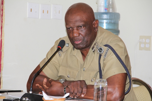 Assistant Commissioner of Police Robert Liburd delivering remarks at a joint town hall meeting organised by the Nevis Island Administration and the High Command of the Royal St. Christopher and Nevis Police Force on March 13, 2014 at the Red Cross Building